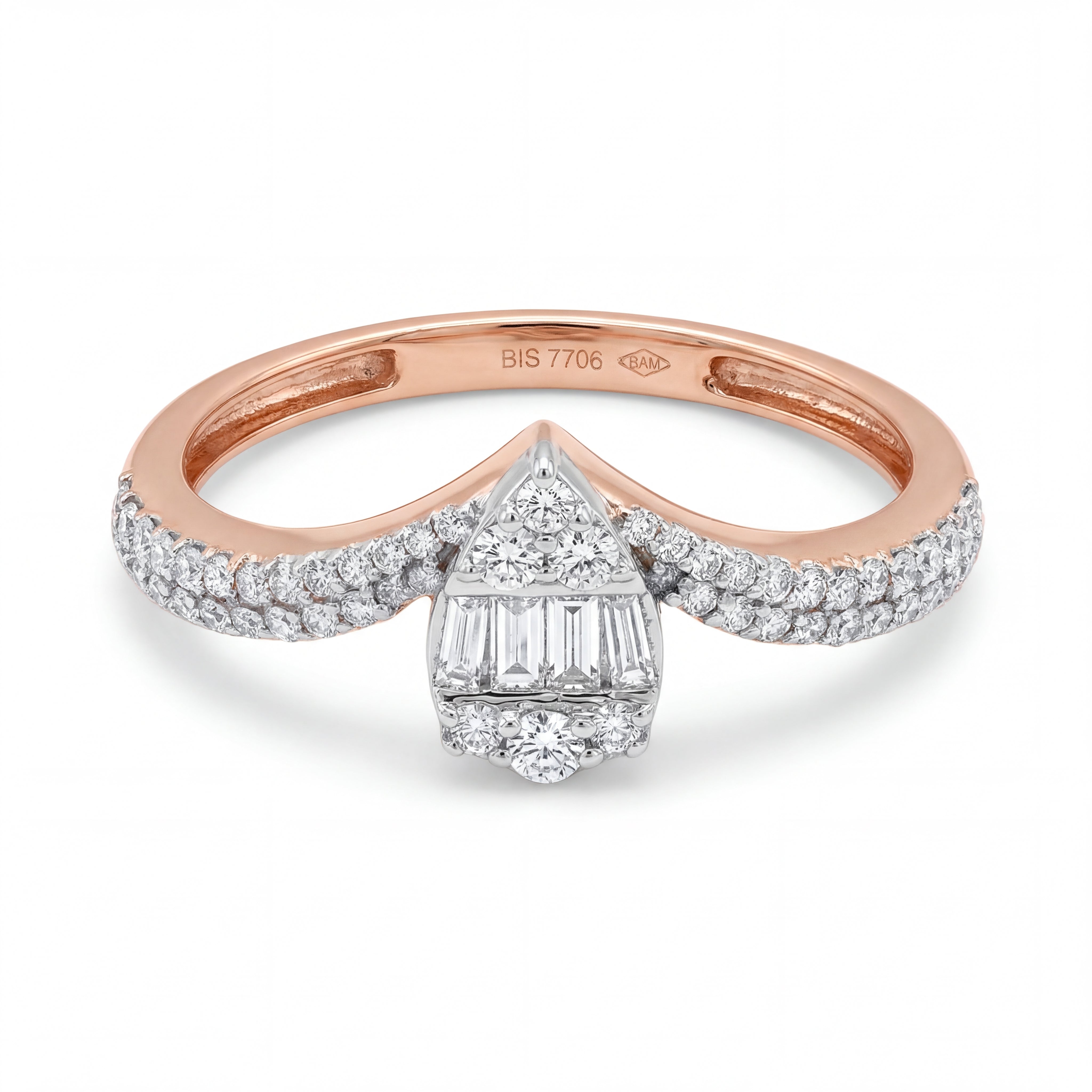 Elegant 18KT rose gold ring featuring a geometric diamond cluster centerpiece with pavé diamond band detailing on a white background.