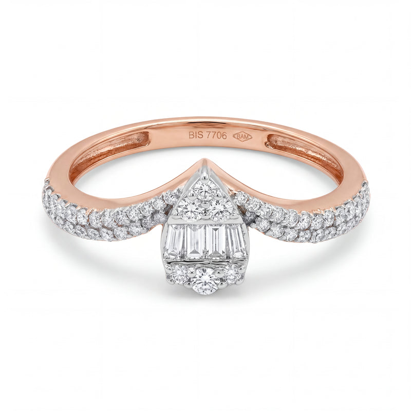 Elegant 18KT rose gold ring featuring a geometric diamond cluster centerpiece with pavé diamond band detailing on a white background.