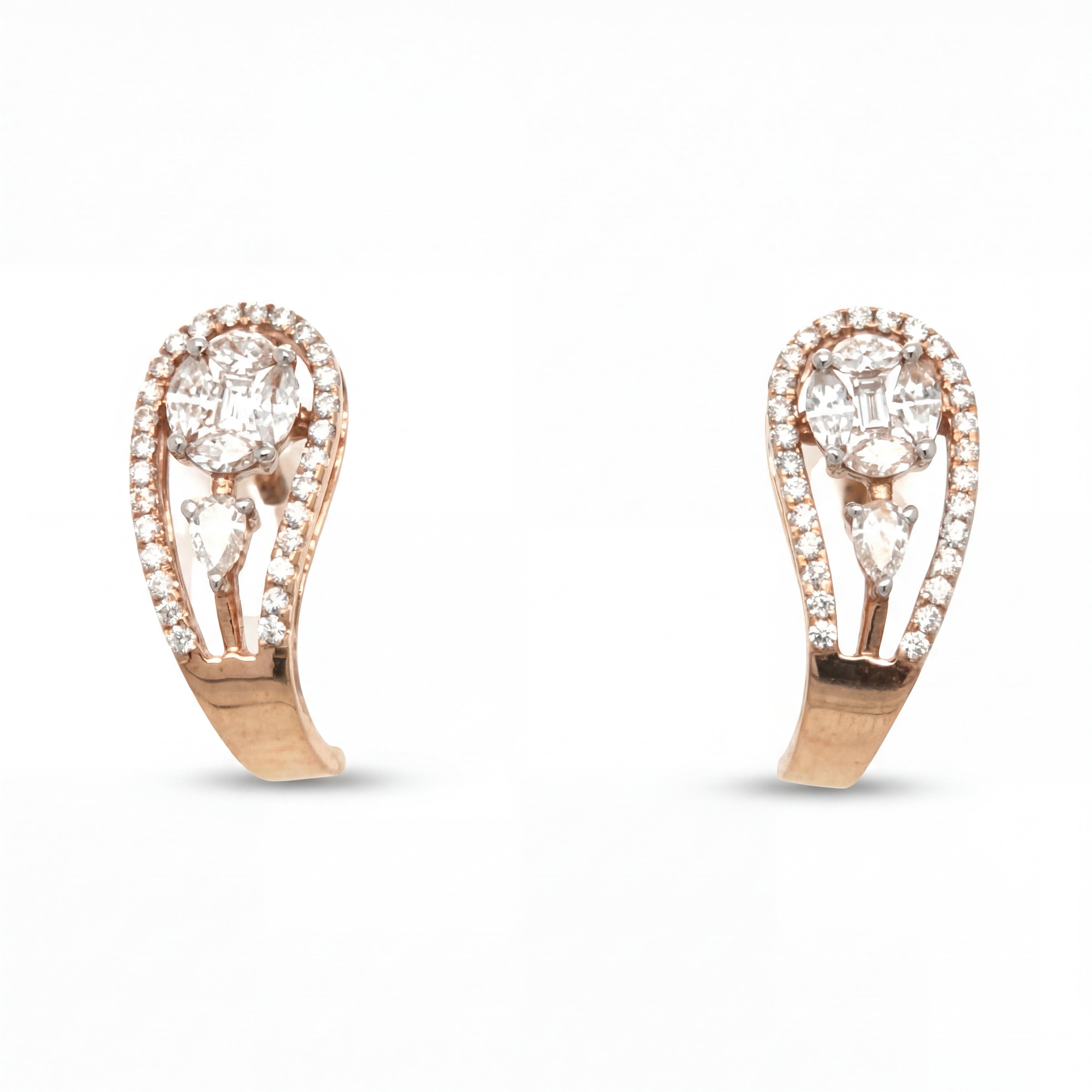 Elegant 18KT rose gold stud earrings featuring oval center diamonds with halo frames and pear-shaped accents on a white background.