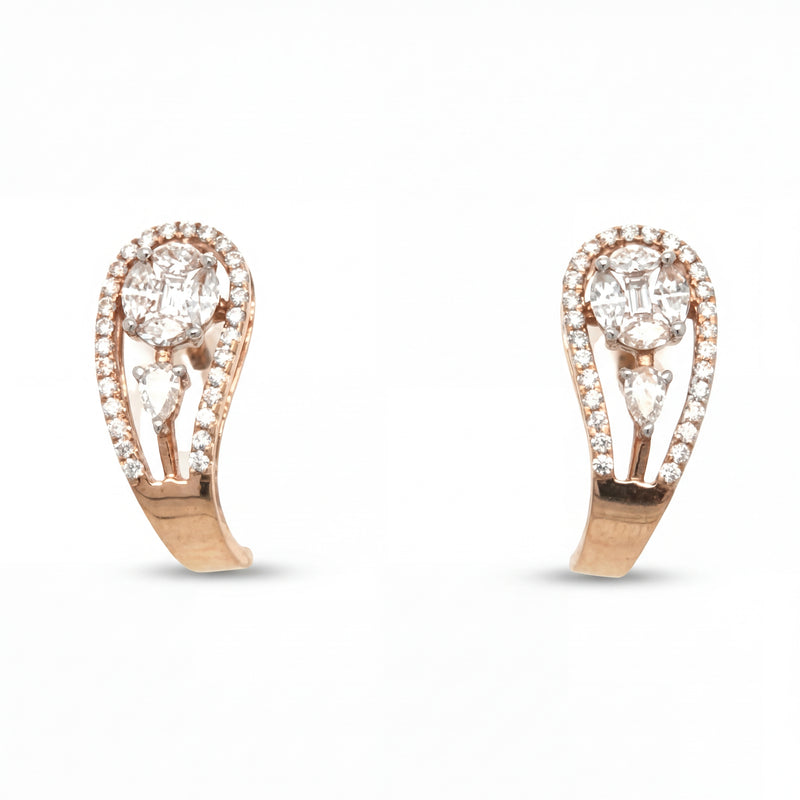 Elegant 18KT rose gold stud earrings featuring oval center diamonds with halo frames and pear-shaped accents on a white background.
