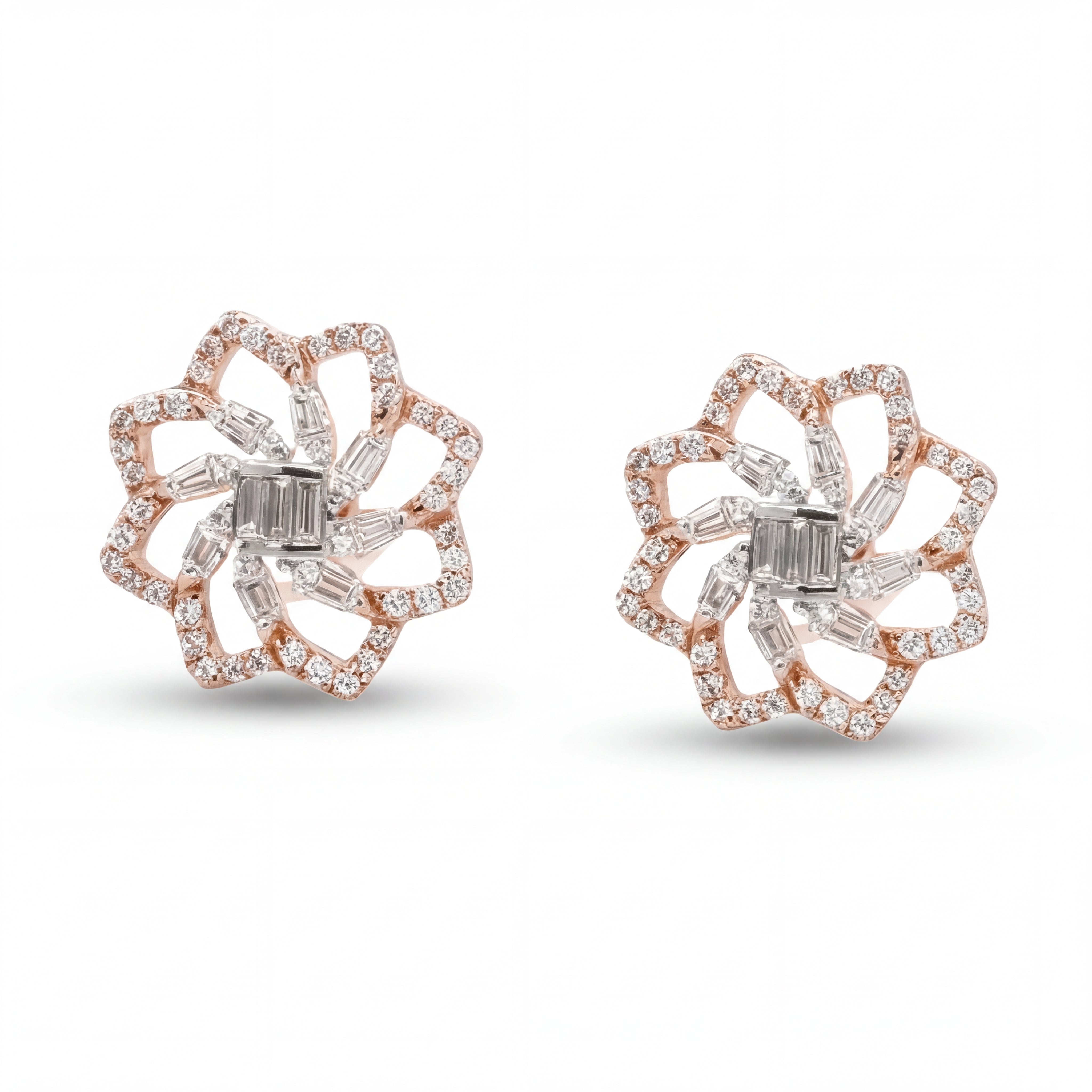 Elegant 18KT rose gold stud earrings featuring floral openwork design with baguette and round diamond accents on a white background.