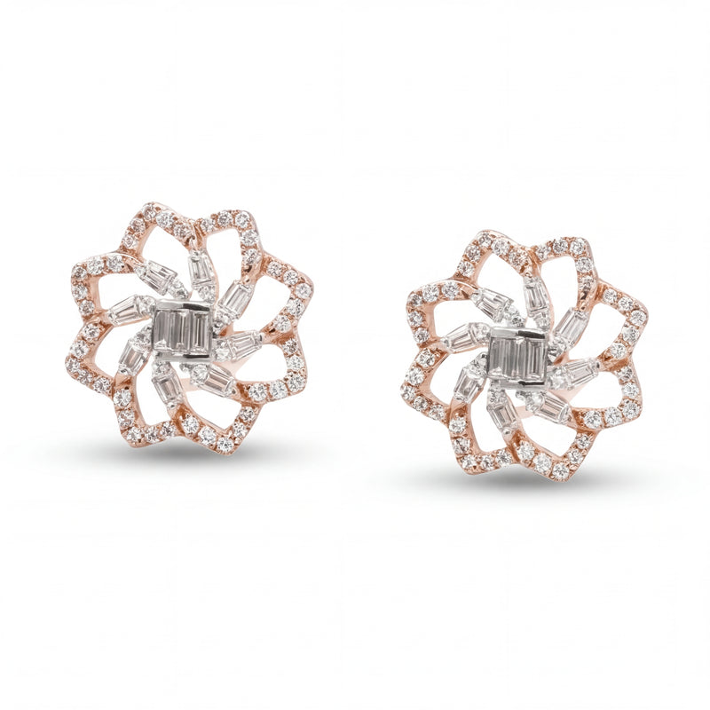 Elegant 18KT rose gold stud earrings featuring floral openwork design with baguette and round diamond accents on a white background.