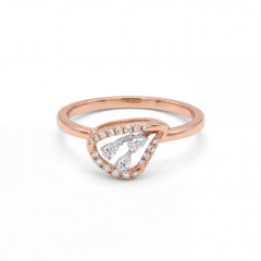 Elegant 18KT rose gold ring featuring a pear-inspired diamond cluster center with sparkling halo accents on a white background.