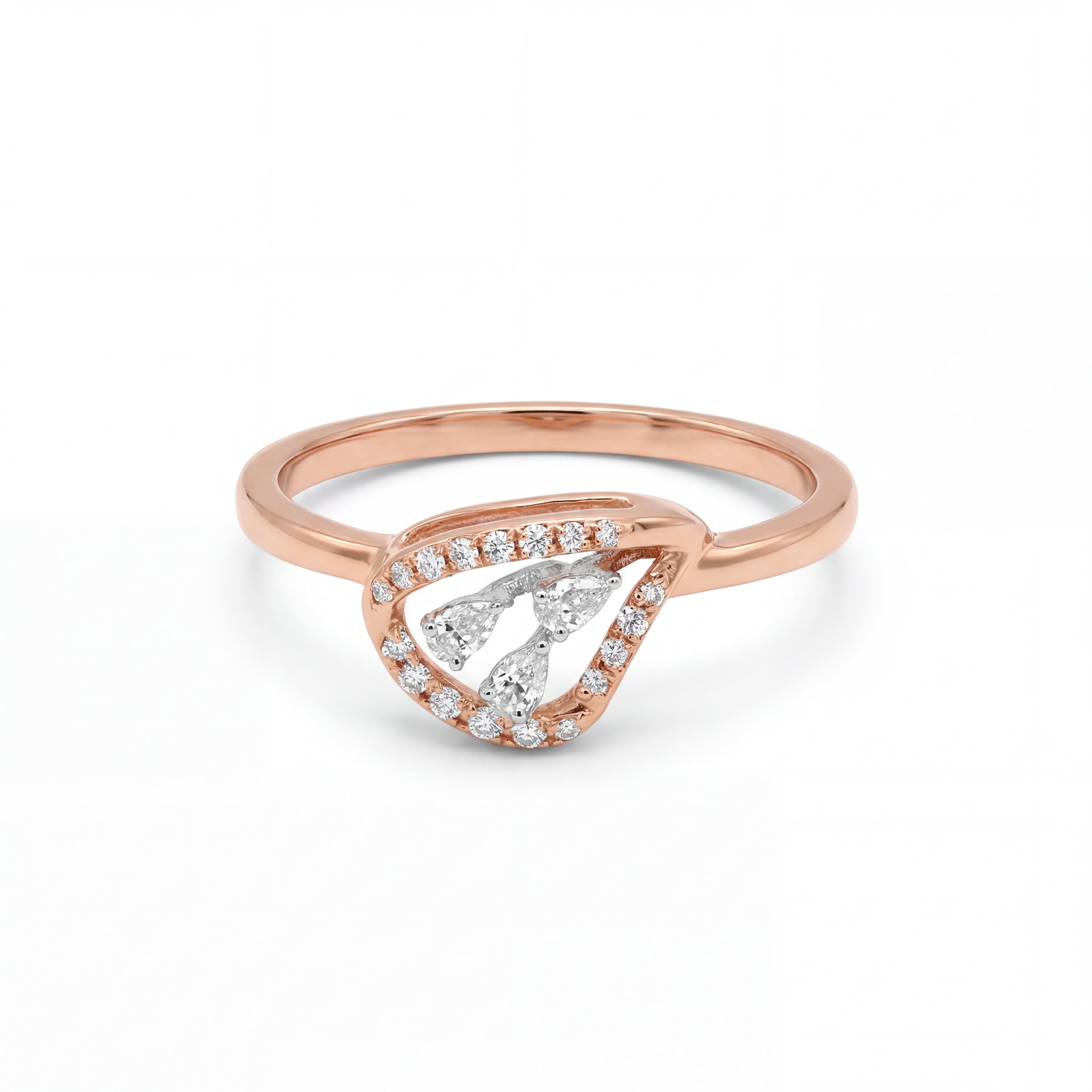 Elegant 18KT rose gold ring featuring a pear-inspired diamond cluster center with sparkling halo accents on a white background.