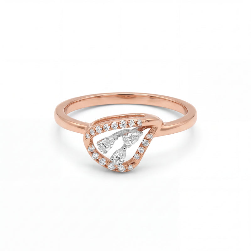 Elegant 18KT rose gold ring featuring a pear-inspired diamond cluster center with sparkling halo accents on a white background.