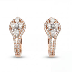 Elegant 18KT rose gold hoop earrings featuring pear-shaped diamond clusters with pavé diamond borders on a white background.