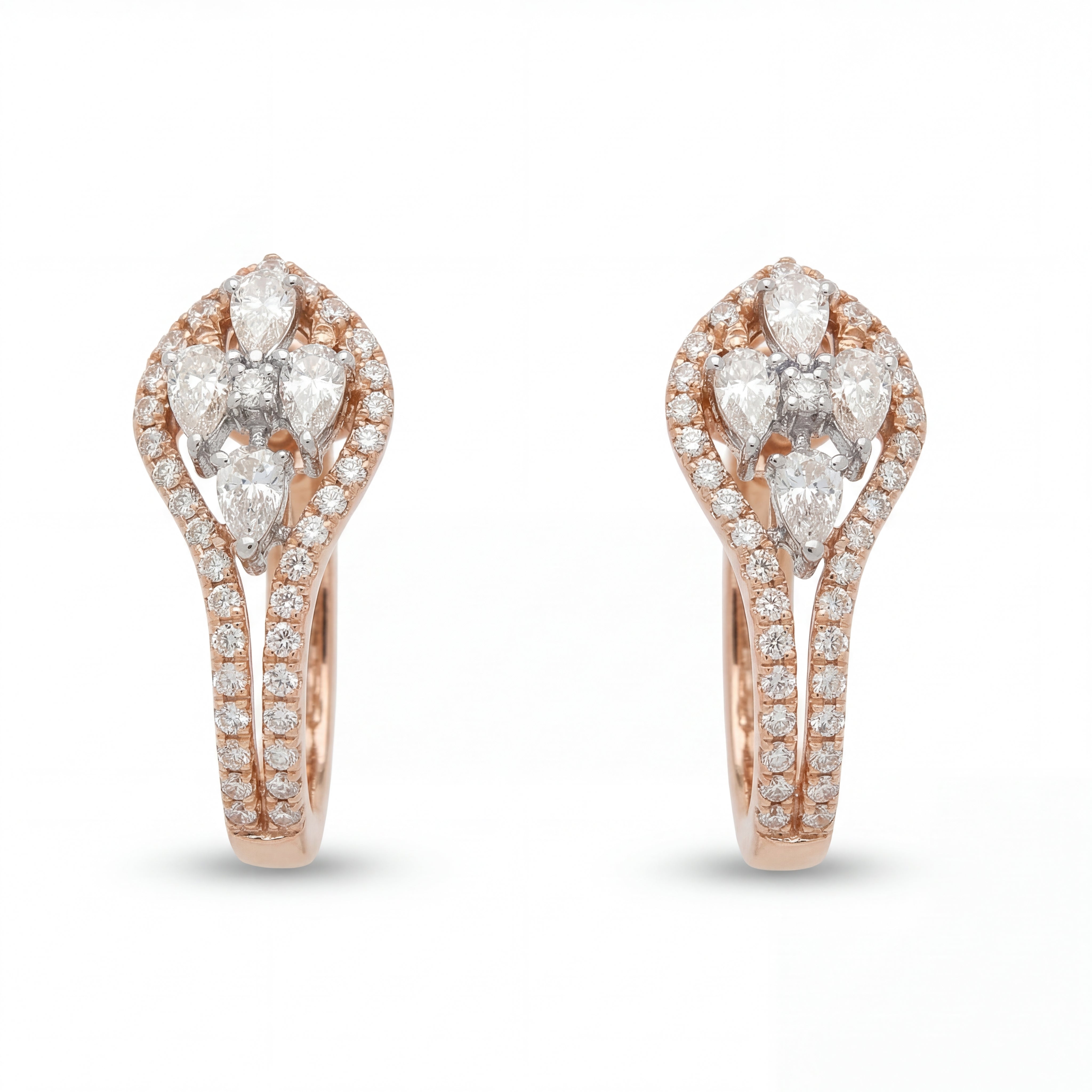 Elegant 18KT rose gold hoop earrings featuring pear-shaped diamond clusters with pavé diamond borders on a white background.