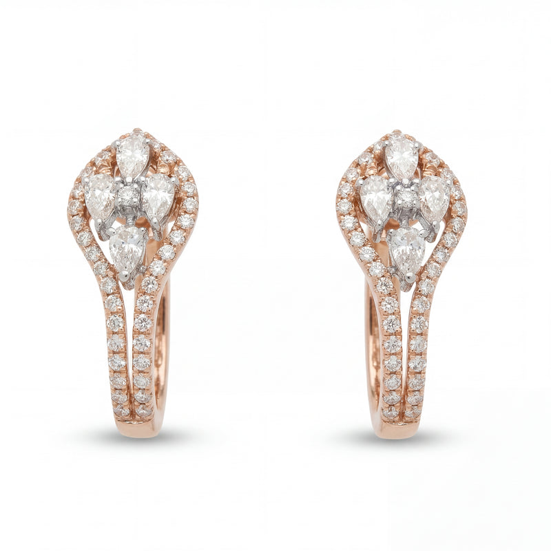 Elegant 18KT rose gold hoop earrings featuring pear-shaped diamond clusters with pavé diamond borders on a white background.