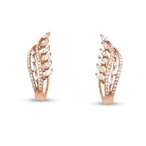Elegant 18KT rose gold hoop earrings featuring leaf-inspired diamond motifs with pavé diamond curves on a white background.