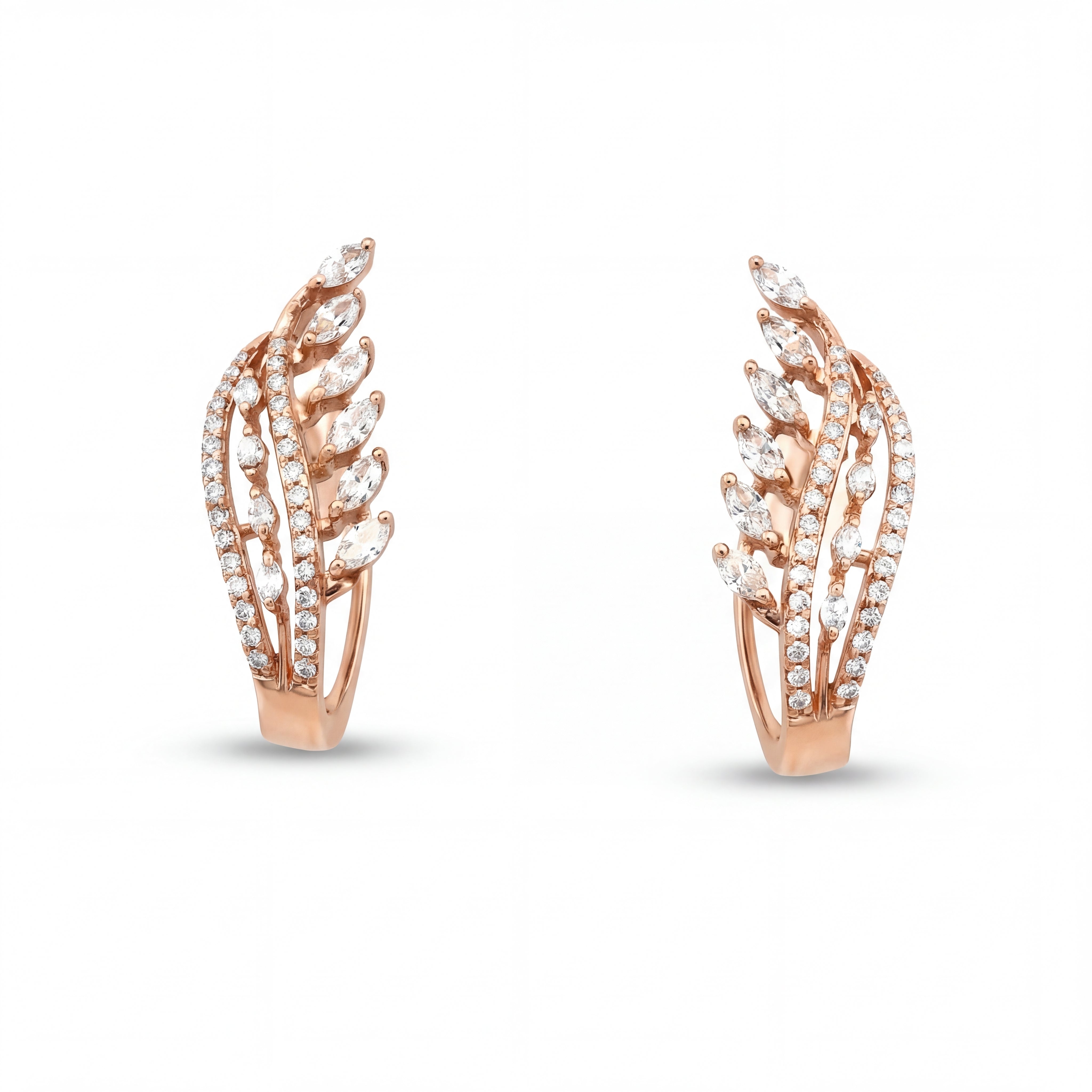 Elegant 18KT rose gold hoop earrings featuring leaf-inspired diamond motifs with pavé diamond curves on a white background.