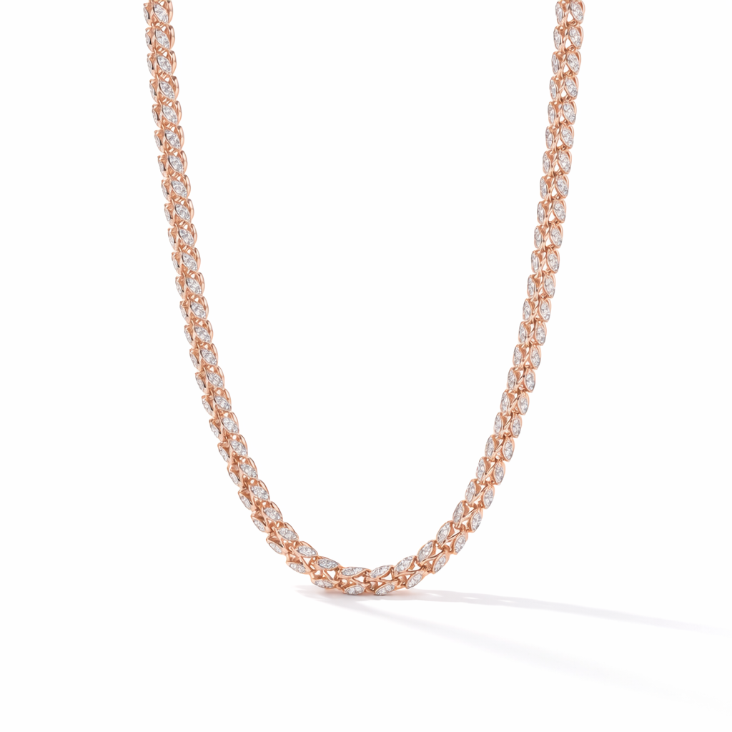 Elegant 18KT rose gold necklace featuring interwoven marquise-shaped diamond links in a sleek continuous design on a white background.