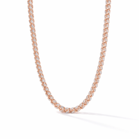 Elegant 18KT rose gold necklace featuring interwoven marquise-shaped diamond links in a sleek continuous design on a white background.