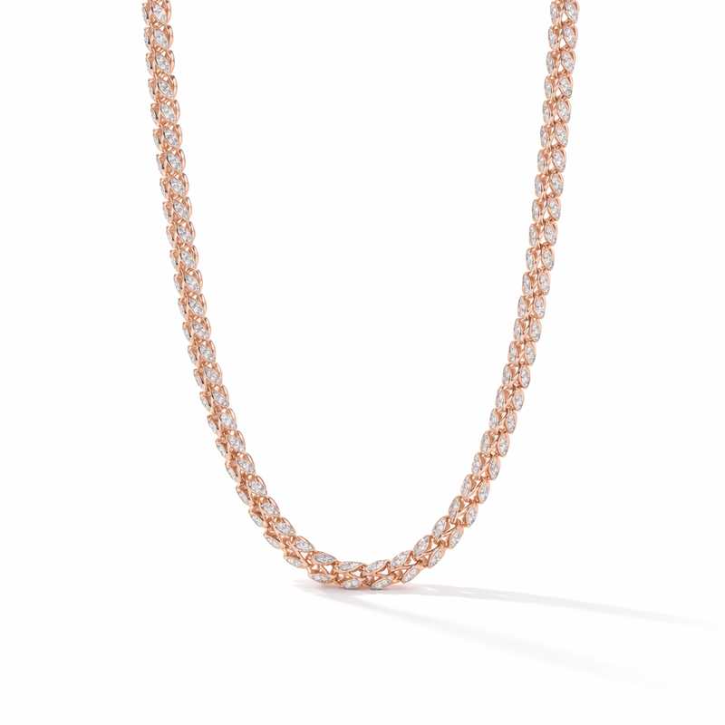 Elegant 18KT rose gold necklace featuring interwoven marquise-shaped diamond links in a sleek continuous design on a white background.