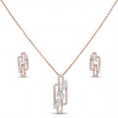Elegant 18KT rose gold pendant set featuring chain link-inspired diamond pendant with matching earrings on a white background.