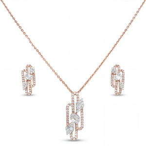 Elegant 18KT rose gold pendant set featuring chain link-inspired diamond pendant with matching earrings on a white background.