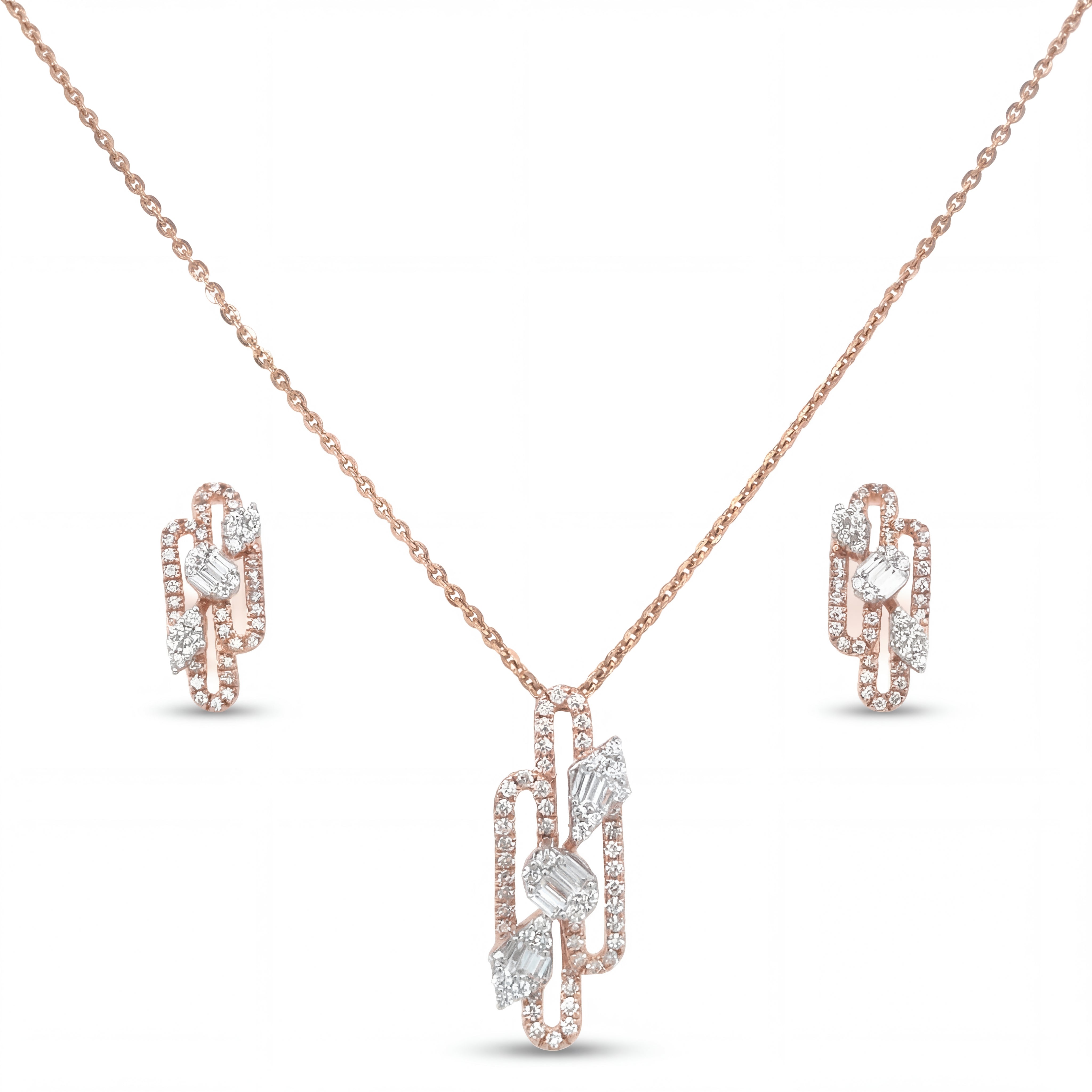Elegant 18KT rose gold pendant set featuring chain link-inspired diamond pendant with matching earrings on a white background.
