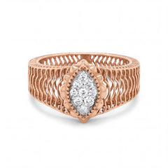 Elegant 18KT rose gold ring featuring a marquise-shaped diamond cluster centerpiece with intricate openwork band design on a white background.