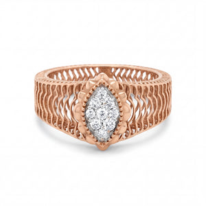 Elegant 18KT rose gold ring featuring a marquise-shaped diamond cluster centerpiece with intricate openwork band design on a white background.
