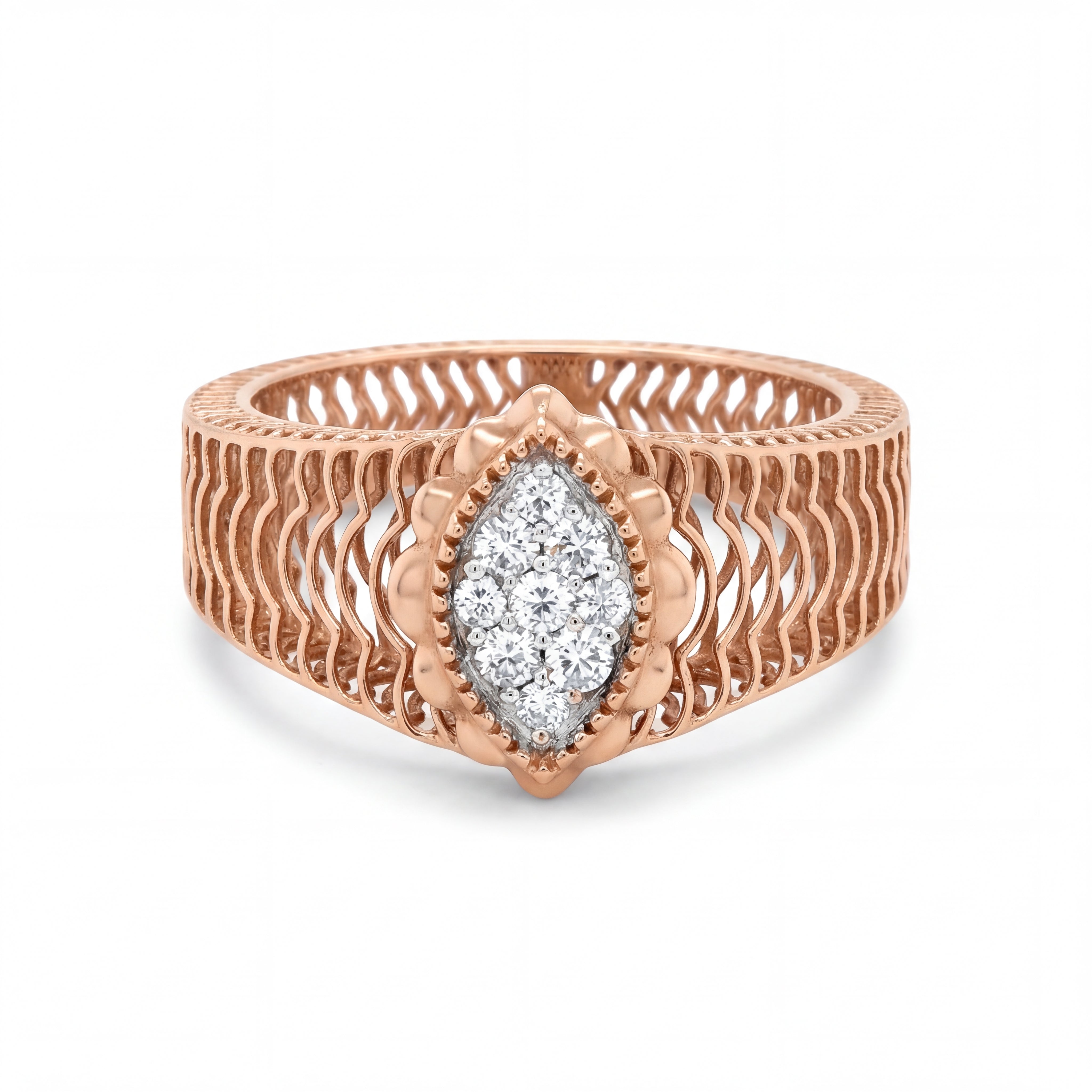 Elegant 18KT rose gold ring featuring a marquise-shaped diamond cluster centerpiece with intricate openwork band design on a white background.
