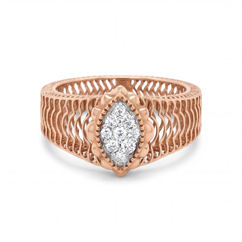 Elegant 18KT rose gold ring featuring a marquise-shaped diamond cluster centerpiece with intricate openwork band design on a white background.
