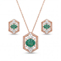 Elegant 18KT rose gold pendant set featuring hexagon-shaped emerald and diamond pendant with matching stud earrings on a white background.