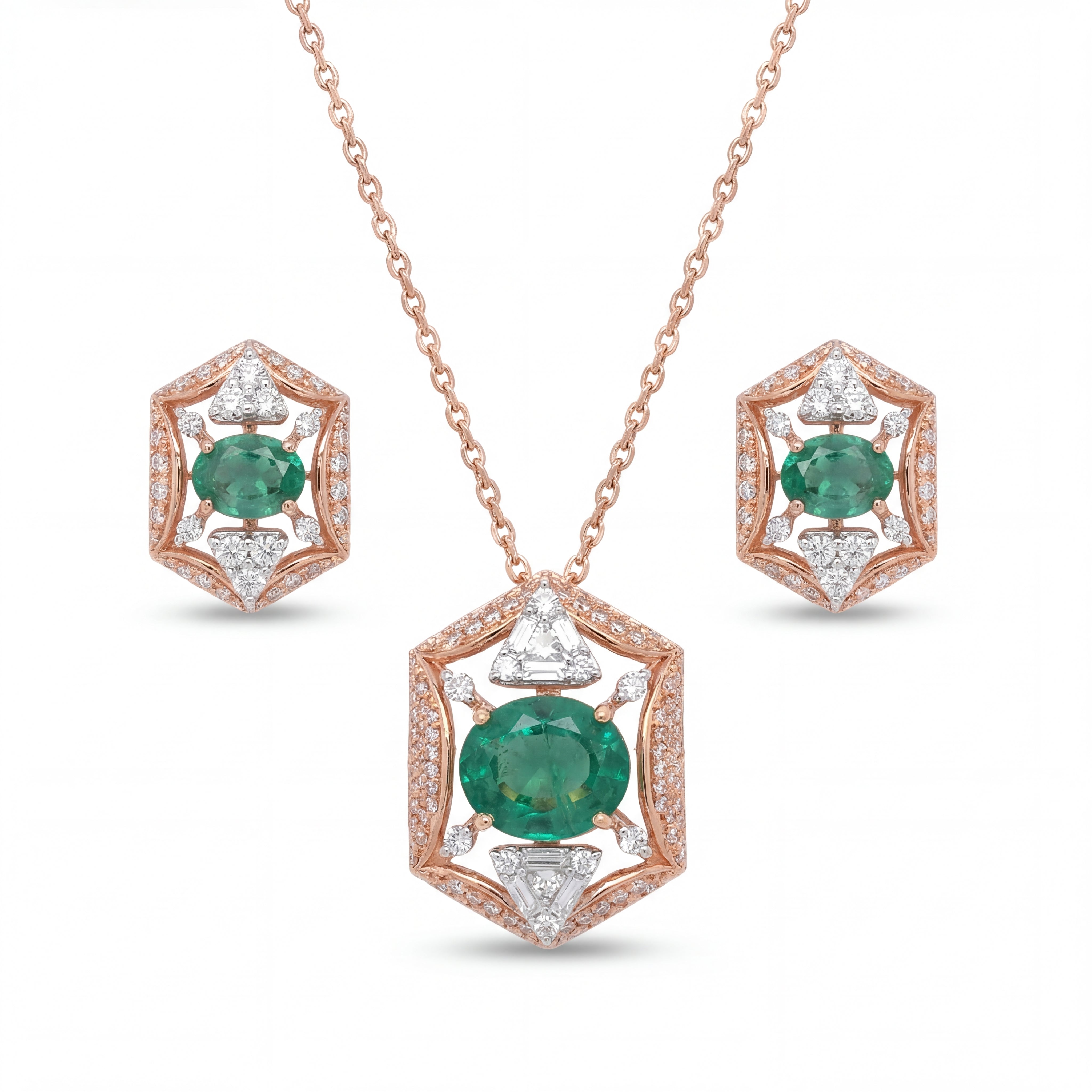 Elegant 18KT rose gold pendant set featuring hexagon-shaped emerald and diamond pendant with matching stud earrings on a white background.