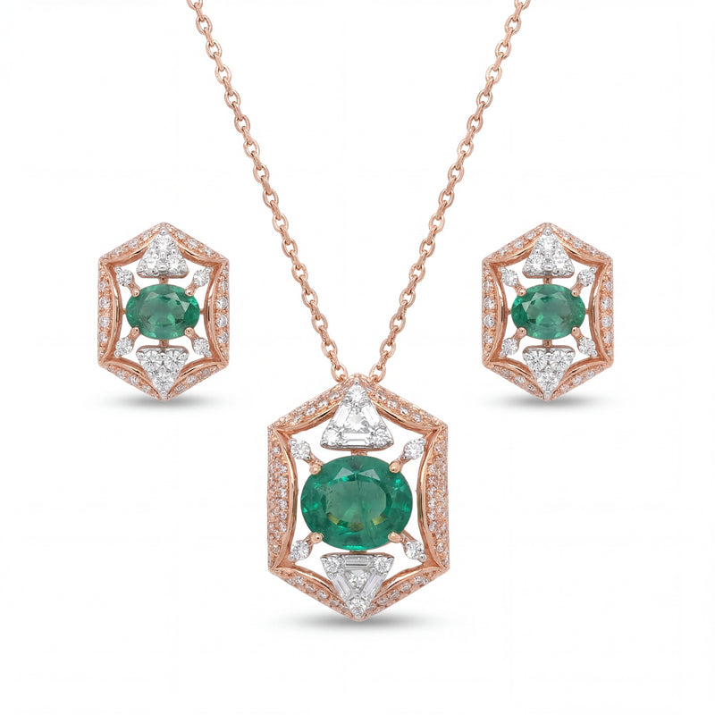 Elegant 18KT rose gold pendant set featuring hexagon-shaped emerald and diamond pendant with matching stud earrings on a white background.
