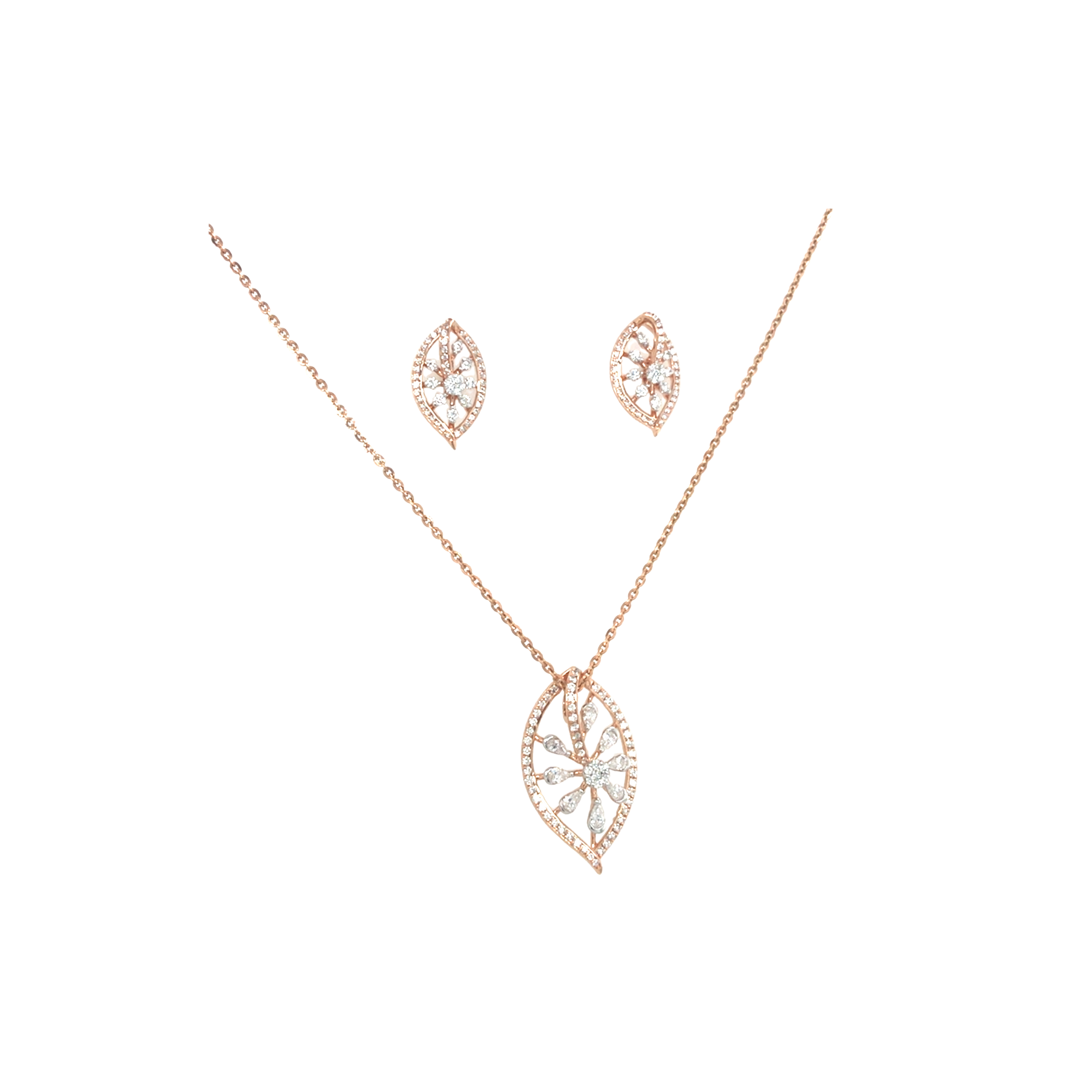 Beautiful 18KT rose gold necklace set with floral diamond pendant and matching marquise-shaped earrings on a white background.