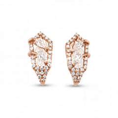 Elegant 18KT rose gold stud earrings featuring angular geometric frames with center diamonds and pavé diamond borders on a white background.