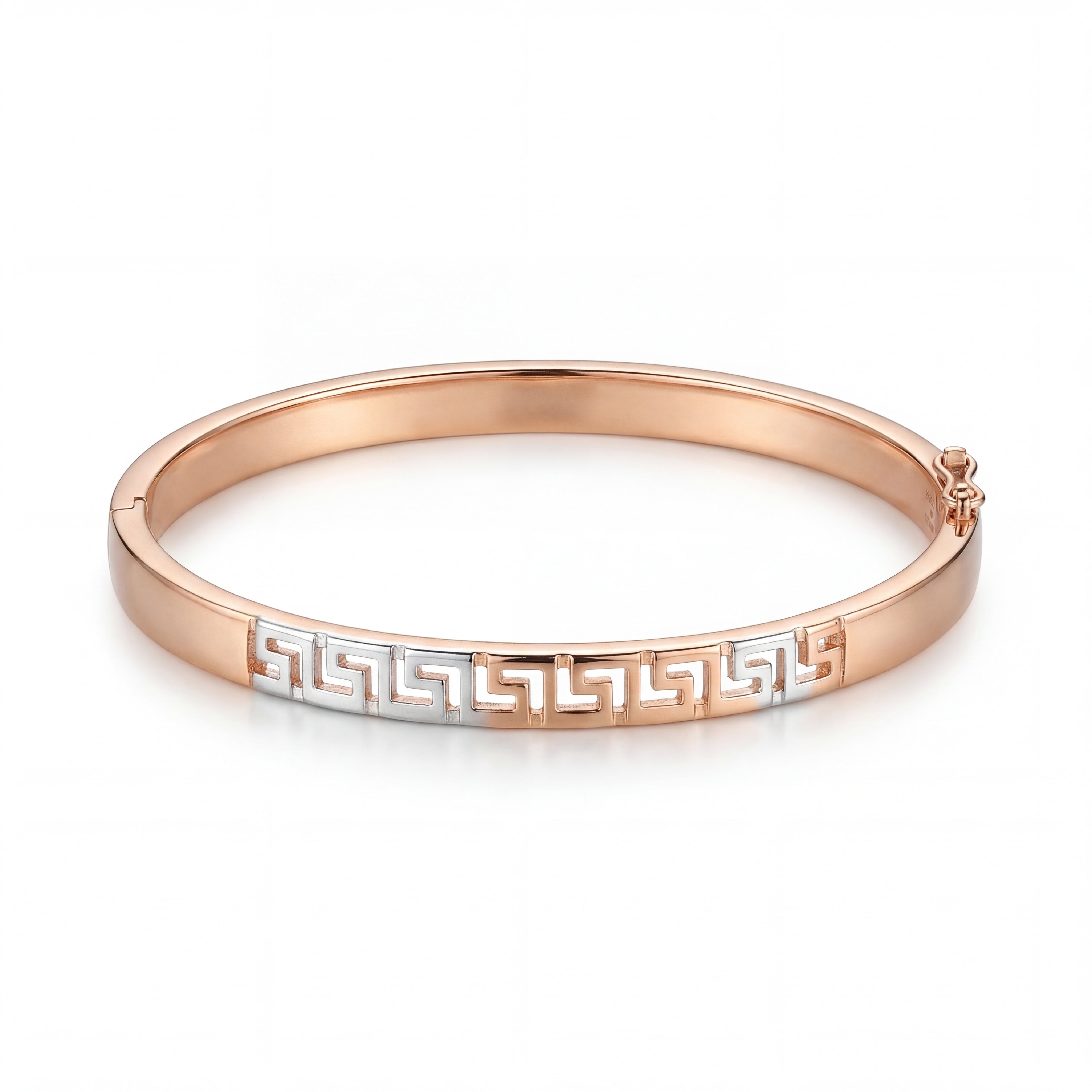 Elegant 18KT rose gold kada bracelet featuring white gold Greek key pattern detailing on a white background.
