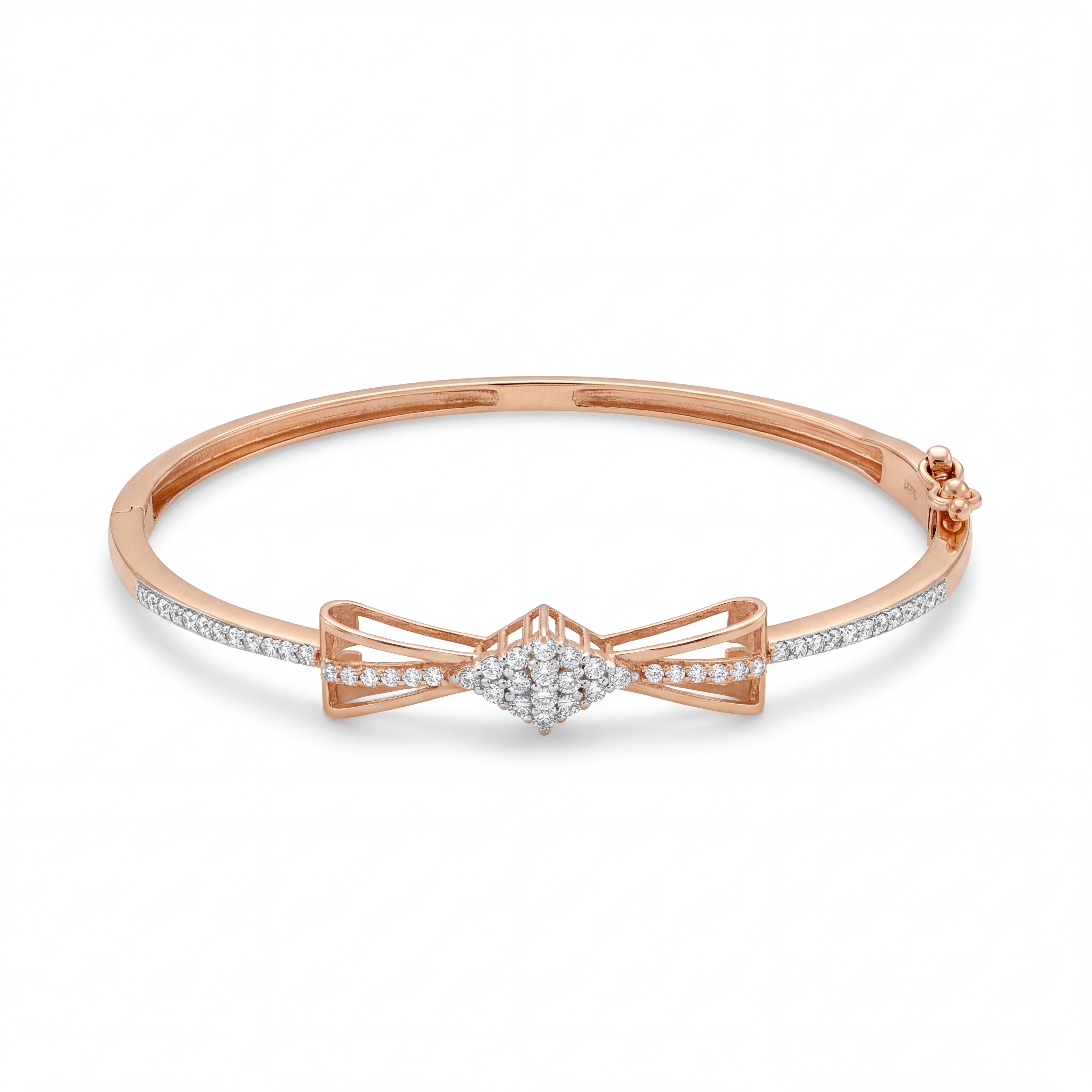 Beautiful 18KT rose gold bangle showcasing slim diamond-set bands with an intricate bow centerpiece on a white background.