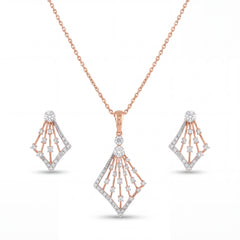 Luxurious 18KT rose gold pendant set featuring angular openwork diamond pendant with shimmering drop details and coordinated earrings on a white background.