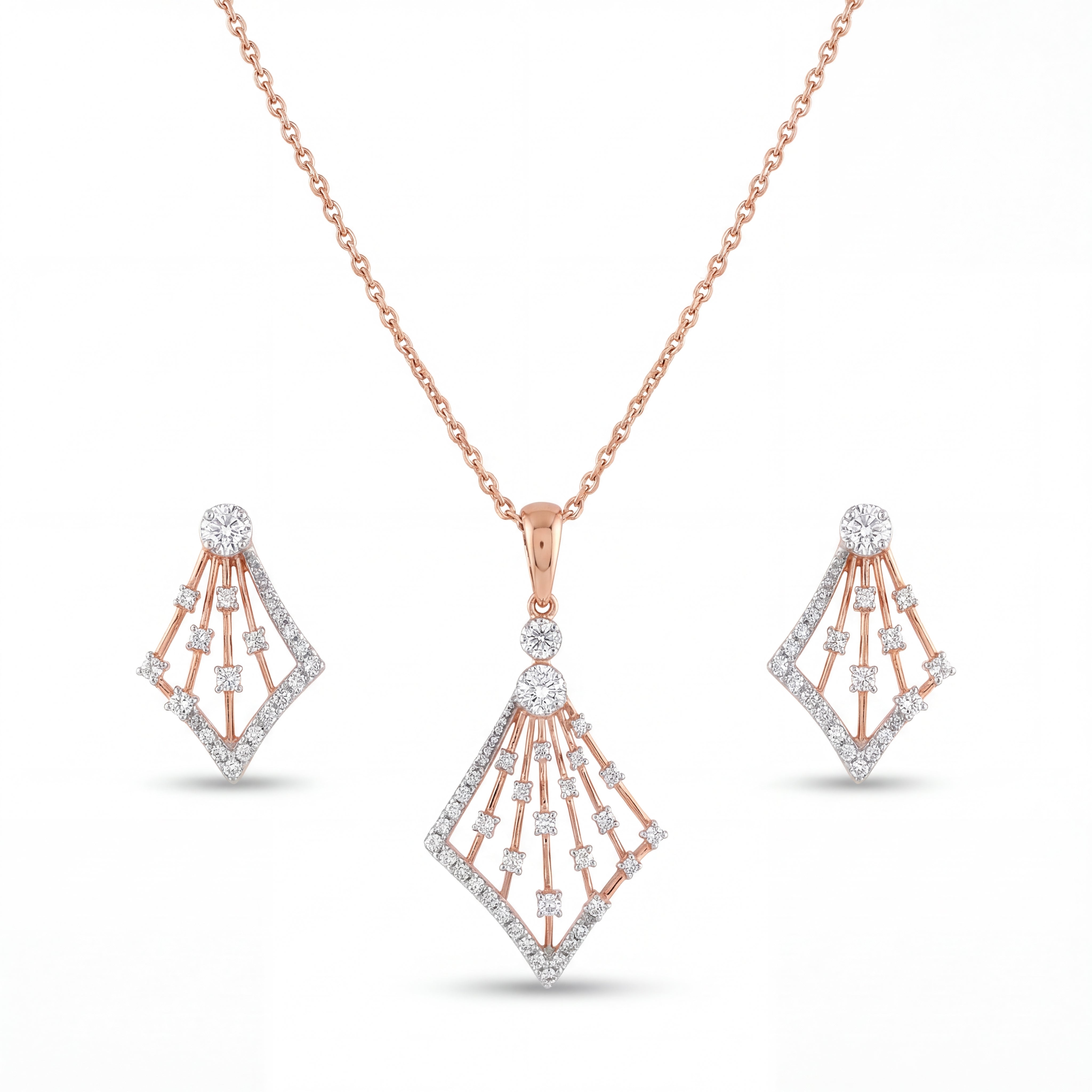 Luxurious 18KT rose gold pendant set featuring angular openwork diamond pendant with shimmering drop details and coordinated earrings on a white background.