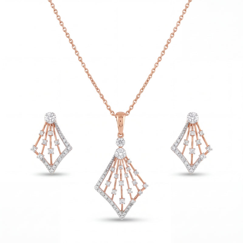 Luxurious 18KT rose gold pendant set featuring angular openwork diamond pendant with shimmering drop details and coordinated earrings on a white background.