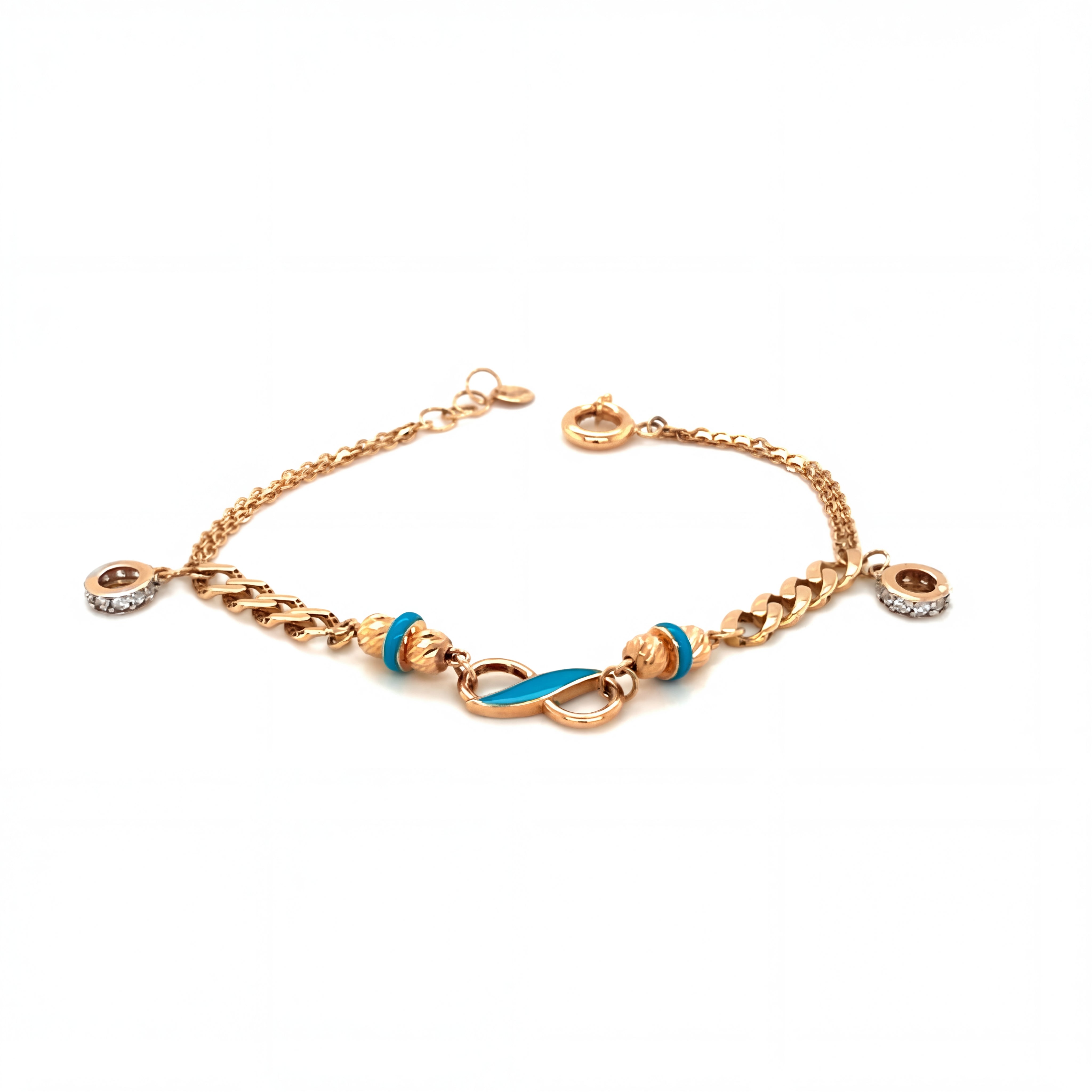 Luxurious 18KT rose gold bracelet featuring blue enamel infinity centerpiece with diamond-set protective charms on a white background.