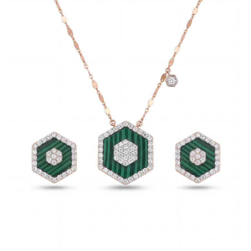 Elegant 18KT rose gold pendant set featuring hexagon malachite pendant with diamond borders and matching stud earrings on a white background.