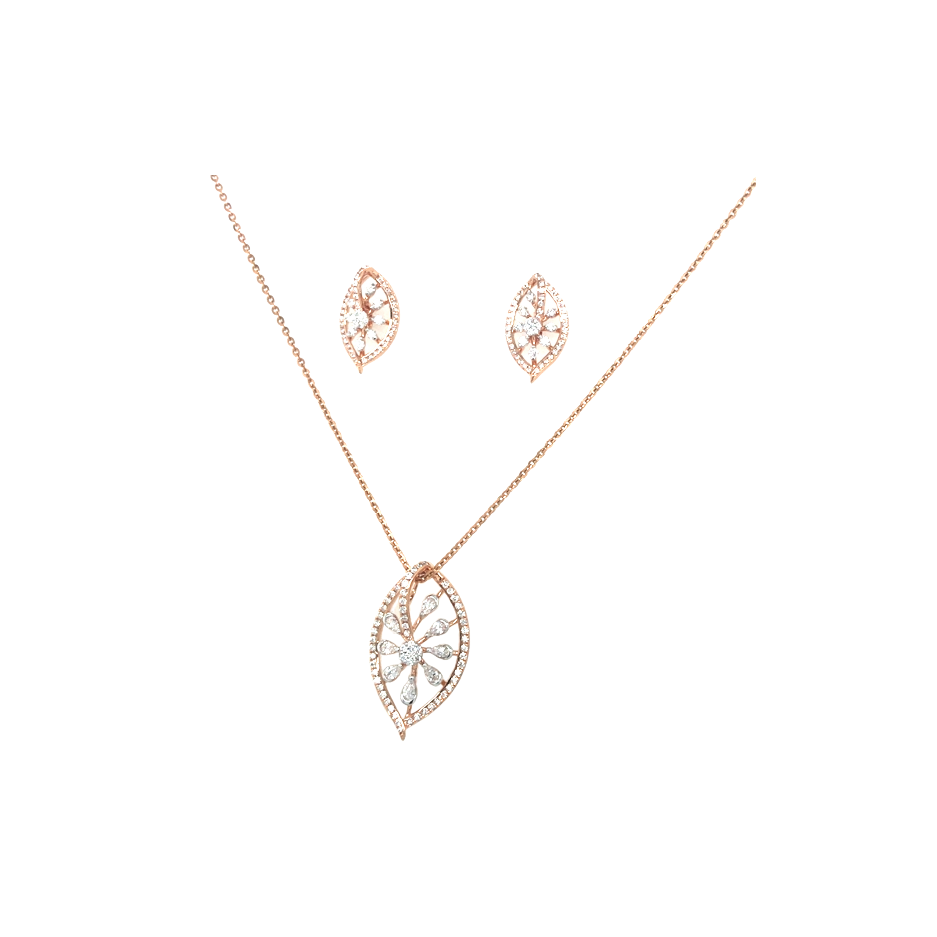 Stylish 18KT rose gold pendant set featuring marquise frame diamond pendant with matching stud earrings on a white background.