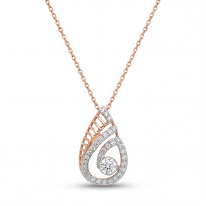 Beautiful 18KT rose gold chain necklace showcasing an open pear-shaped pendant with pavé diamonds and a brilliant center diamond on a white background.