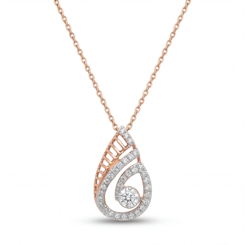 Beautiful 18KT rose gold chain necklace showcasing an open pear-shaped pendant with pavé diamonds and a brilliant center diamond on a white background.