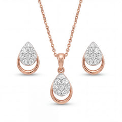 Beautiful 18KT rose gold necklace set showcasing pear-shaped diamond motifs with matching earrings in a sleek modern design on a white background.