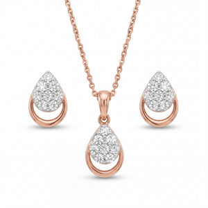 Beautiful 18KT rose gold necklace set showcasing pear-shaped diamond motifs with matching earrings in a sleek modern design on a white background.