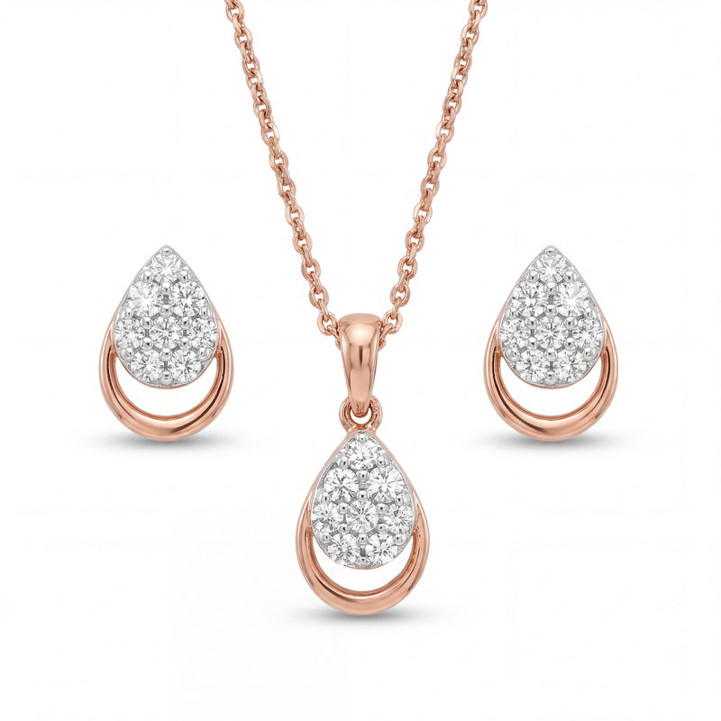 Beautiful 18KT rose gold necklace set showcasing pear-shaped diamond motifs with matching earrings in a sleek modern design on a white background.