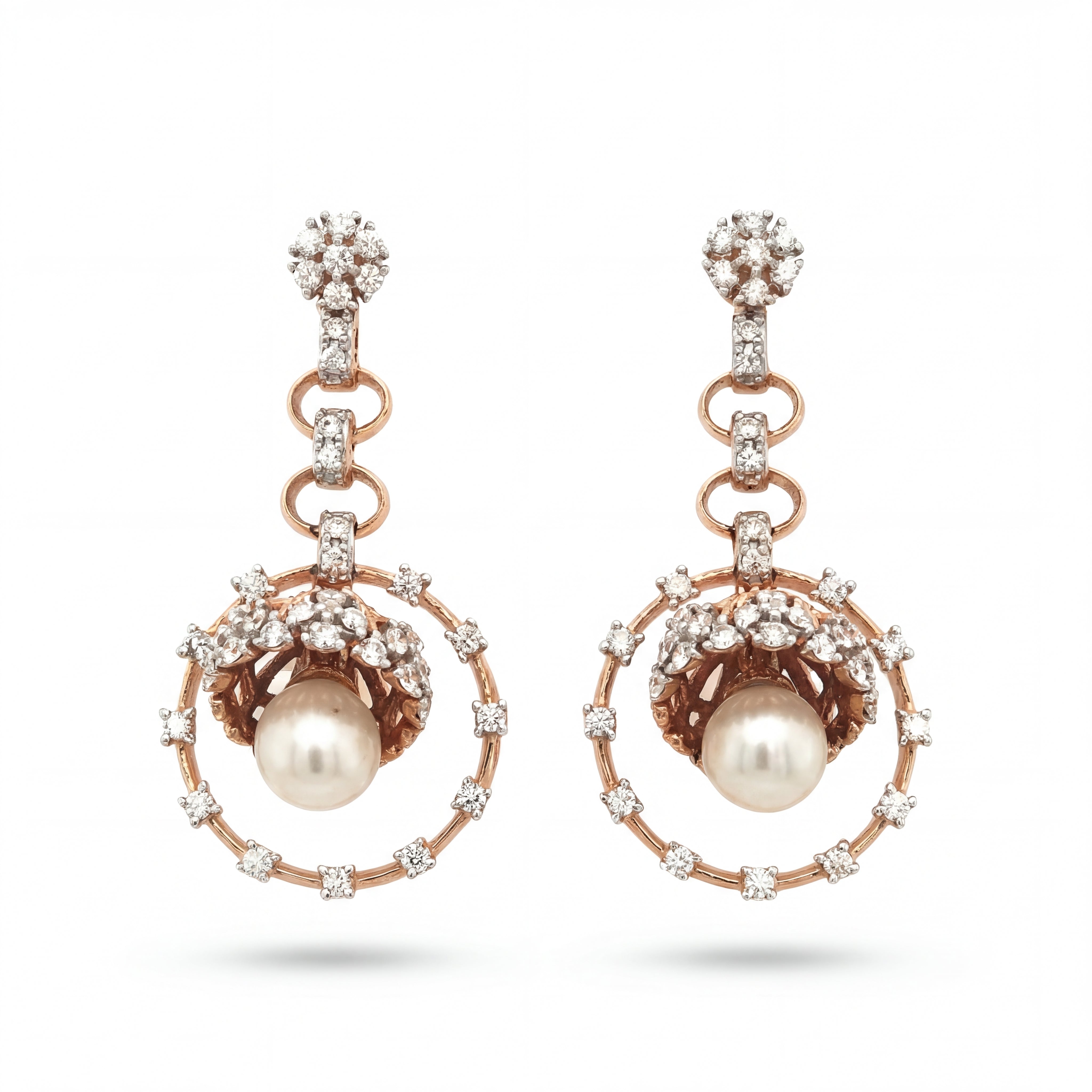 Elegant 18KT rose gold drop earrings featuring pearl centers with diamond halo circles and floral diamond tops on a white background.