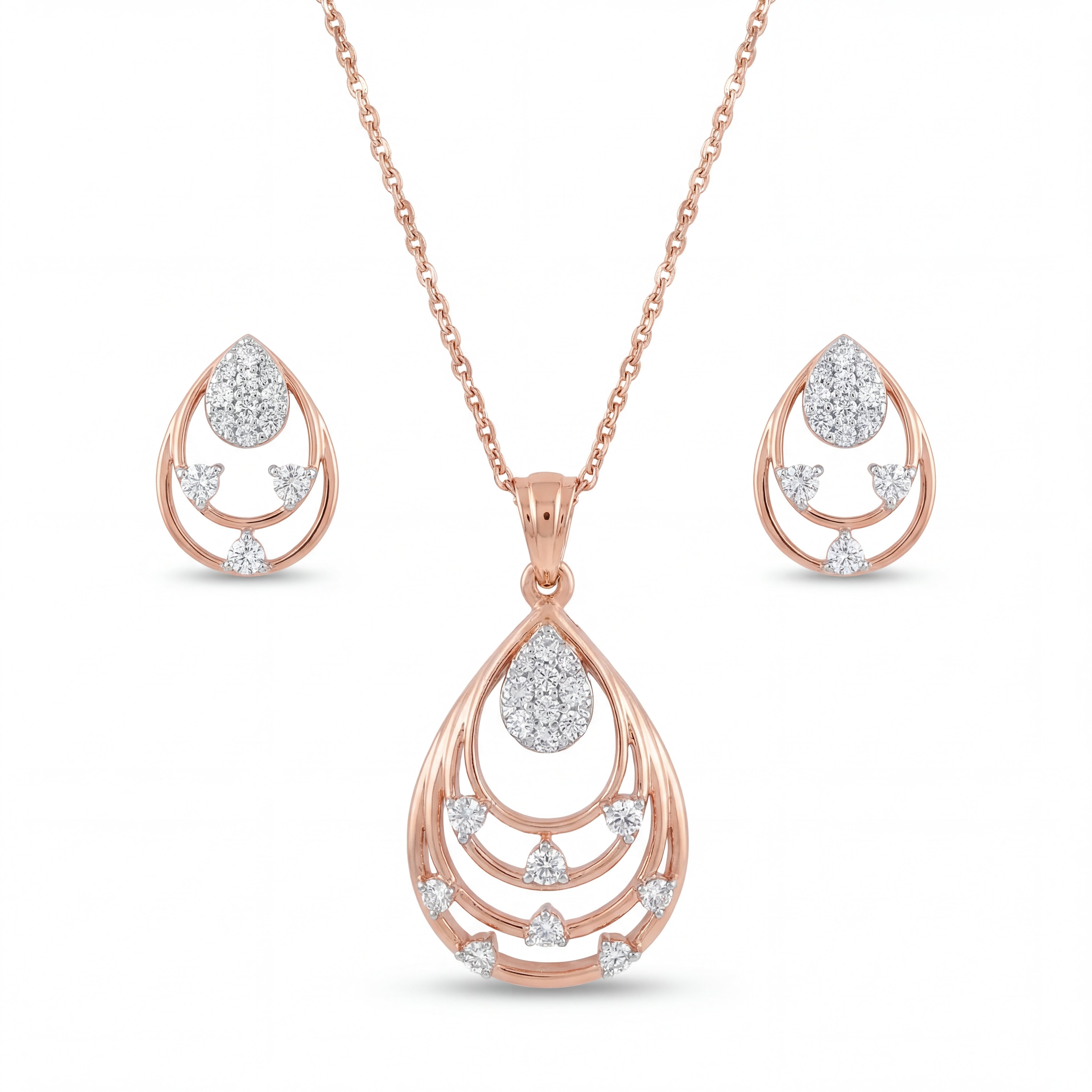 Beautiful 18KT rose gold necklace set showcasing open teardrop frames with pear-shaped diamond motifs and matching earrings on a white background.
