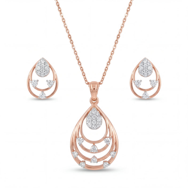 Beautiful 18KT rose gold necklace set showcasing open teardrop frames with pear-shaped diamond motifs and matching earrings on a white background.