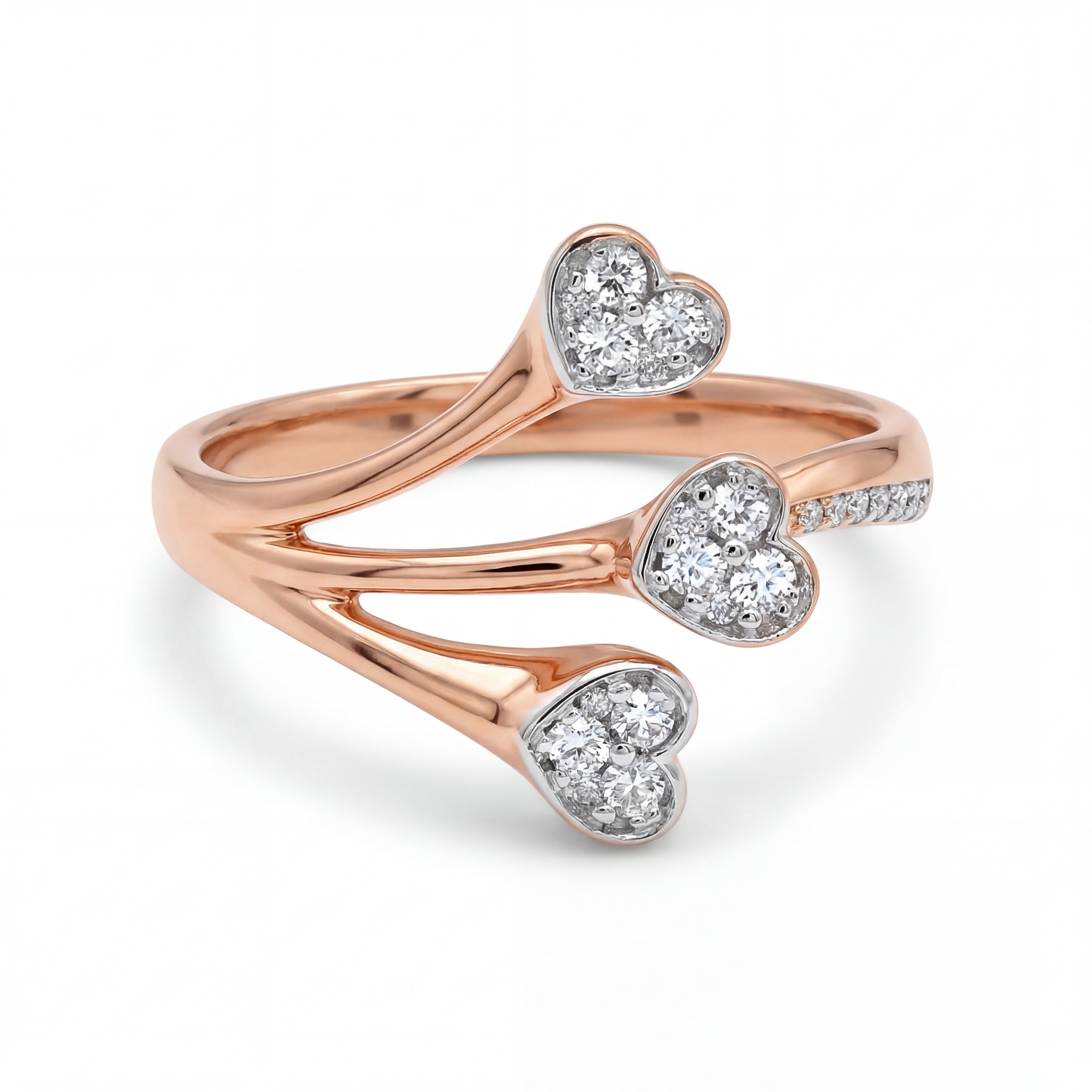 Elegant 18KT rose gold ring featuring an open wrap design with three diamond heart motifs on a white background.