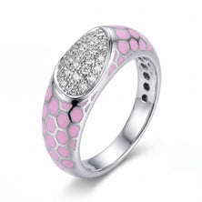 Stylish 18KT white gold ring showcasing geometric pink enamel patterns and a sparkling diamond top setting on a white background.