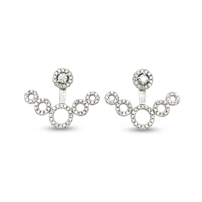 Luxurious 18KT white gold earrings featuring artistic multi-circle design with brilliant diamond accents and contemporary elegance on a white background.