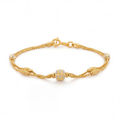 Stylish 18K gold bracelet with intricate braided chain, sparkling white stone centerpiece and ornamental gold detailing crafted by Pachchigar Jewellers Ashokbhai
