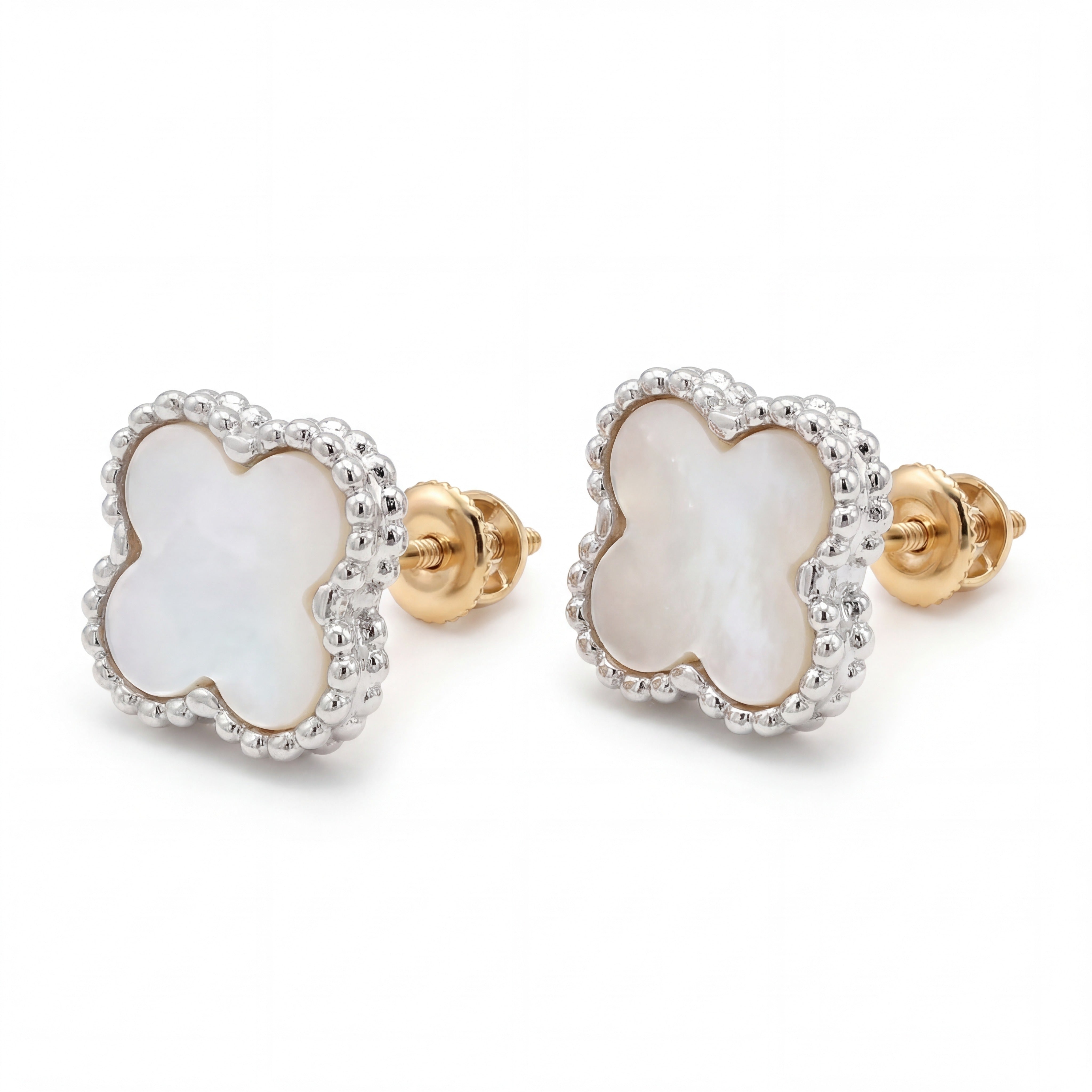 Elegant 18K gold stud earrings featuring white mother of pearl clover motifs with beaded white gold border detailing by Pachchigar Jewellers Ashokbhai